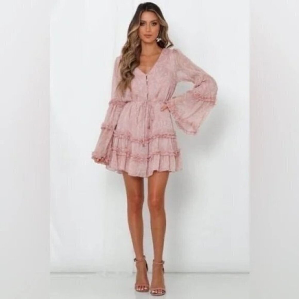 Cupshe Boho Style Varadero‎ Pink V-neck Bell Sleeve Romantic Ditsy Dress size L - Picture 15 of 16